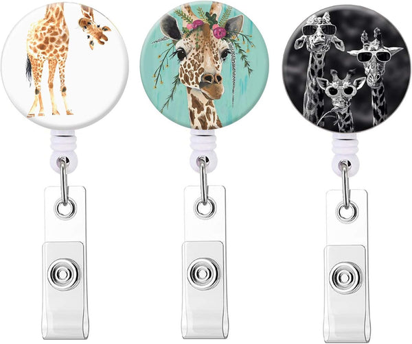 Nurse Badge Reel Retractable ID Badge Holder Reels with Alligator Clip, Decorative Giraffe Badge Reel Clip, 3 Pack
