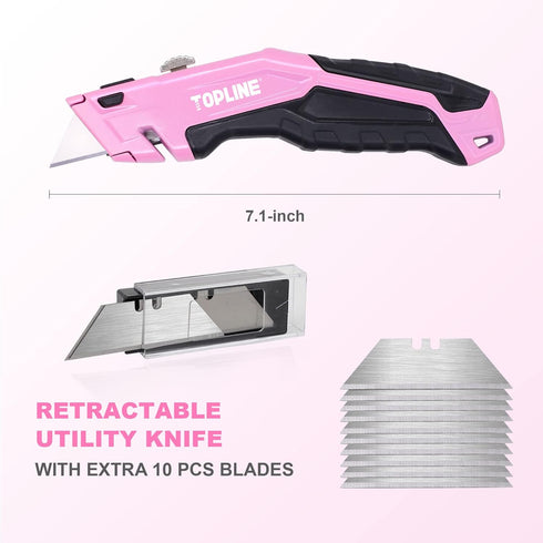 TOPLINE Retractable Pink Utility Knife, 18-Piece SK5 Blades and Dispenser Included (1 PACK, PINK)