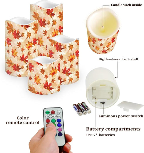 Cozeyat 4 Pack Fall Leaf Flameless Candles Battery Operated LED Pillar Candles with Remote Control Timer Color Changing