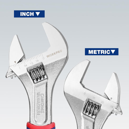 WORKPRO 8-Inch Adjustable Wrench, Premium Cr-V Steel with Rubber Anti-Slip Grip, Wide Jaw Opening, Metric/SAE Scales
