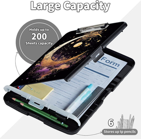 Clipboard with Storage & Pen Holder, 8.5X11 Heavy Duty Plastic Clipboards, Foldable Coaches Folder Case, Gold Moon Star