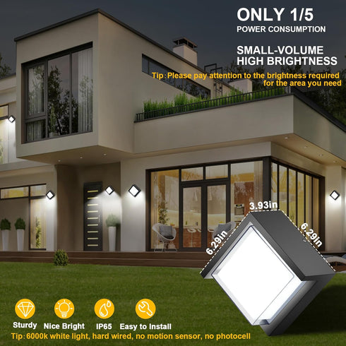 6000K 12W Outdoor Wall Light, Daylight Small Anti Rust Exterior Wall Lighting Fixtures, Black Square Wall Mount LED