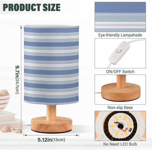 Gravopti Blue Stripes Table Lamp, Bedside Nightstand Lamp for Bedroom, Small Desk Lamp with Wood Base and Fabric Shade
