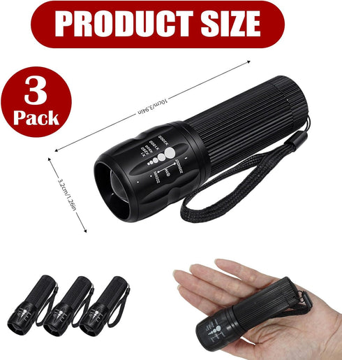 Vocect 3 Set, Pcs Mini Flashlights, High Lumen Pocket Tactical Flashlight Adjustable Focus Zoom Torch Lights Powered by