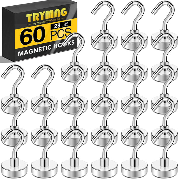 TRYMAG 60Pcs Heavy Duty Magnetic Hooks, 28Lbs+ Small Hooks for Cruise Cabins, Extra Strong for Hanging