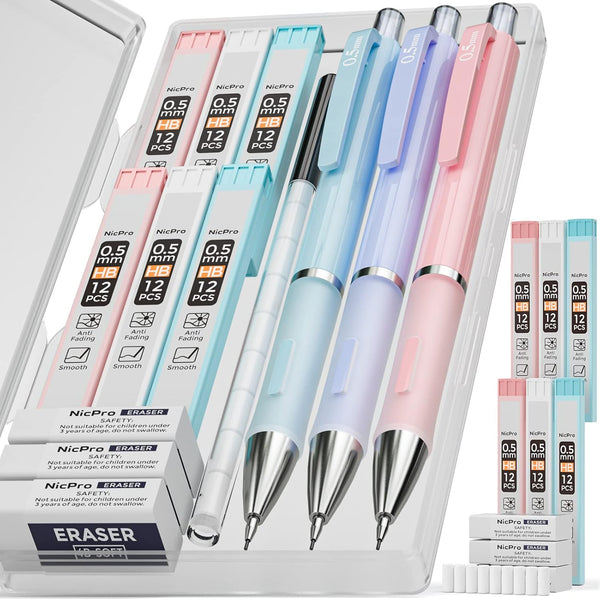 Nicpro 3PCS Pastel Mechanical Pencil Set, 0.5mm with 6 Tubes HB Lead, 3 Erasers, 9 Refills & Case, Aesthetic Supplies