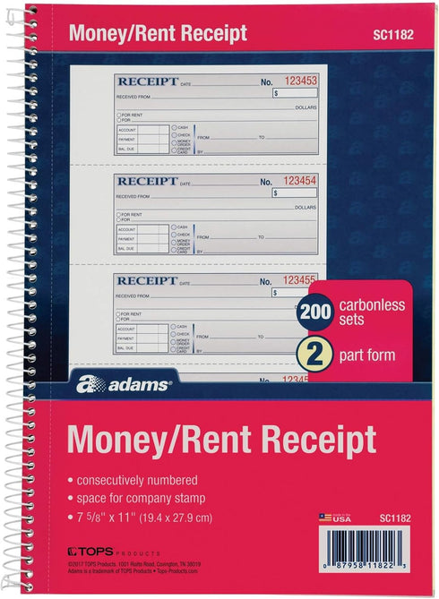 Adams Money and Rent Receipt Book, 2-Part Carbonless, 7-5/8" x 11", Spiral Bound,