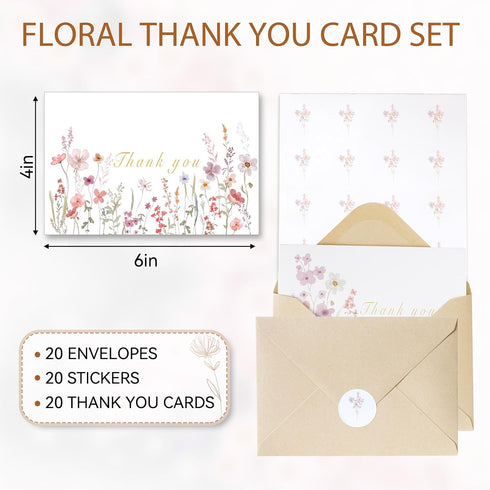 Spakyzo 20-Pack 4" 6", 300gsm Thank You Cards with Envelopes & Stickers Watercolor Floral Blank Note Cards, x Heavy