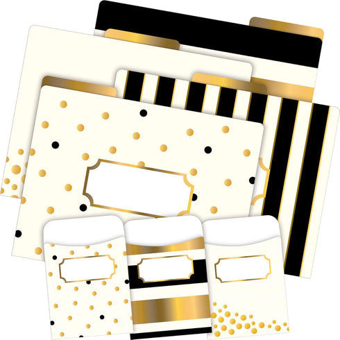 Barker Creek Designer File Folder and Library Pocket Set, Gold, 12 Colorful Folders and 30 Peel & Stick Library Pockets