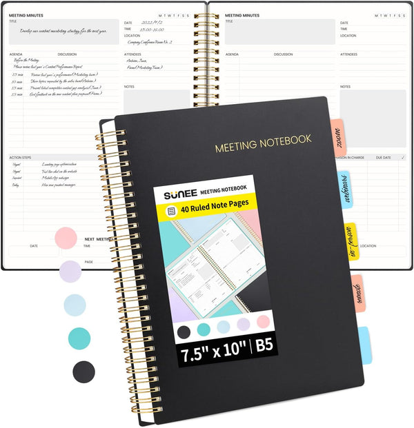 SUNEE Meeting Notebook with Sticky Tabs, 160 Pages B5 Project Planner for Office & Business