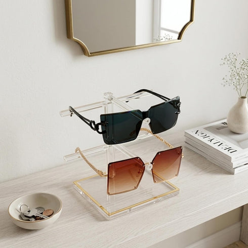 2-Tier 2 Trimmed Counter Acrylic Sunglasses Display Stand, Clear Glasses Stand for Pairs, Luxury Gold Eyeglasses Holder