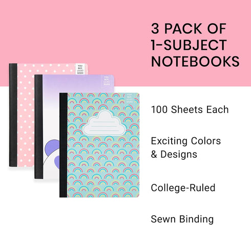 Yoobi 1-Subject 7.5 x 9.75 Composition Notebook Set – 3-Pack of Kids College Ruled & Wide Ruled Notebooks, Variety of Cute Designs – 100 Sheets Each, Great for School, Office & Home