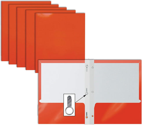 Better Office Products 25 Pack 2 Pocket Glossy Orange Paper Folders with Prongs, Letter Size