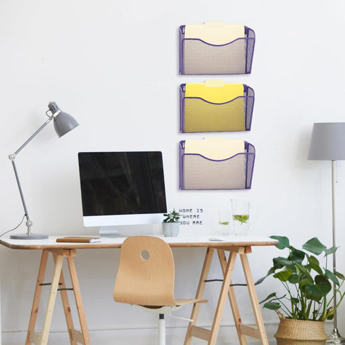 EASEPRES Wall File Holder Organizer, Purple 3 Pockets Hanging File Organizer for Home Office Supplies