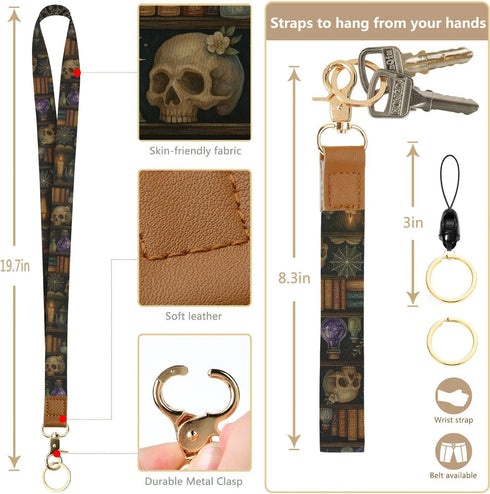 bolimoss Bookshelf Lanyard Wallet for Women Teacher, Goth Skull Leathe RFID Small Keychain Wallet Credit Card Holder