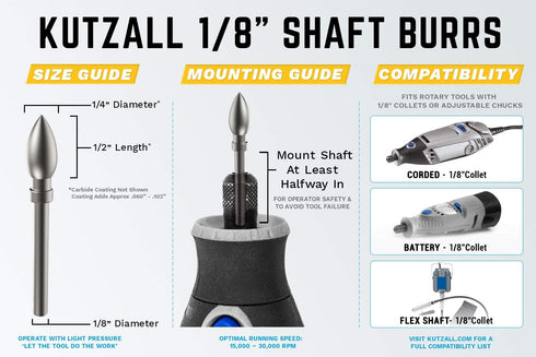 Kutzall Original Flame Rotary Burr, Coarse, 1/8" Shaft - Woodworking Attachment for Dremel, Foredom, DeWalt, Milwaukee
