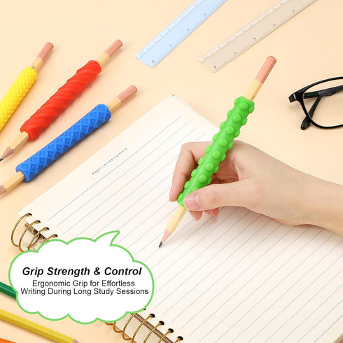 Affrolling 4 Pack Set 4 Textured Silicone Pencil Sleeves Sensory Fidget Grips with Pencil, Quiet Classroom Fidget Toys
