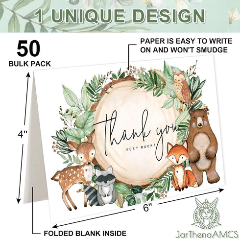 50 Packs JarThenaAMCS Woodland Thank You Cards Woodland Animal Watercolor Greeting Cards Boxed with Envelopes