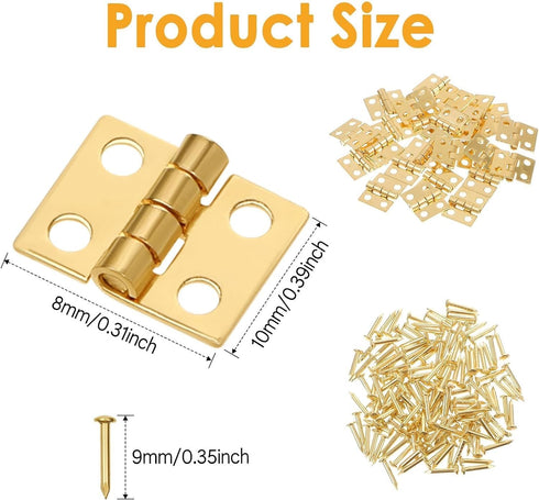 LiZEROGDAX 50Pcs 10 8mm 180 Gold x Mini Dollhouse Hinges Degree Tiny Hinge for Miniature Furniture Jewelry Box, Small