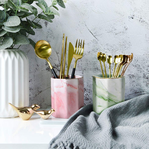 WAVEYU Pencil Holder, Cute Marble Decorative Pencil Cup for Desk, Makeup Brush Holder, Durable Ceramic Organizer
