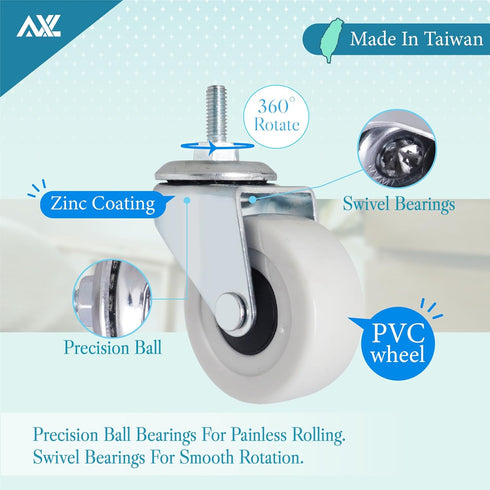 M6-1.0 2 Inch M6 15mm Set 4 (2 2 Threaded Stem Caster Wheels, PVC Silent Castors, x Replacement Wheels for Utility