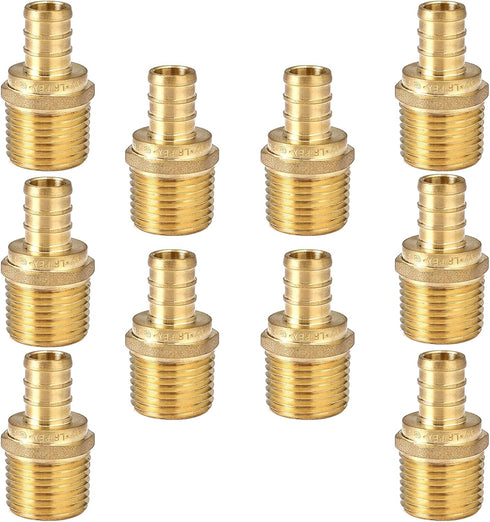 10-Pack PEX Fittings, 1/2" PEX x 1/2" Male NPT, Brass Crimp Fitting for Pex Pipes, ASTM F1807