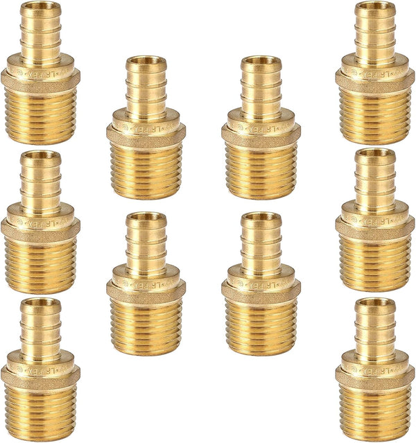 10-Pack PEX Fittings, 1/2" PEX x 1/2" Male NPT, Brass Crimp Fitting for Pex Pipes, ASTM F1807