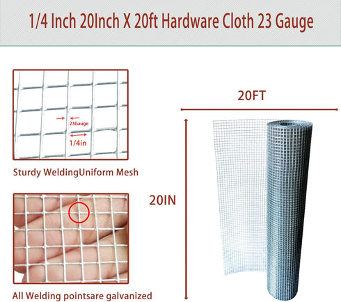 1/4 Inch 20in 20ft, 23 Hardware Cloth X Gauge Hot Dip Galvanized Welded Cage Wire Mesh Roll, Chicken Wire Fence Roll