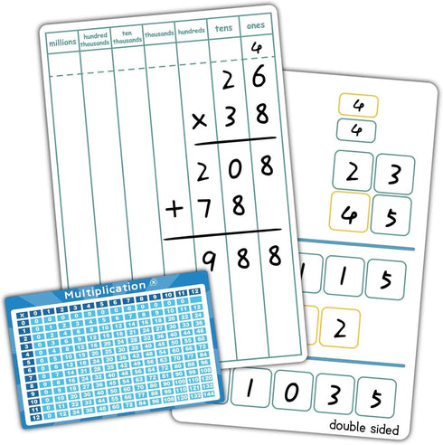 Dry Erase Long Multiplication Practice White Board 8" x 12", Double Sided 2-digits Multiplication Board for Kids