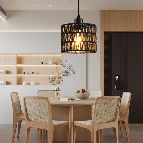KENMI Woven Pendant Light Boho Chandelier, Rattan Pendant Lights Kitchen Island, Farmhouse Pendant Lighting with Hand