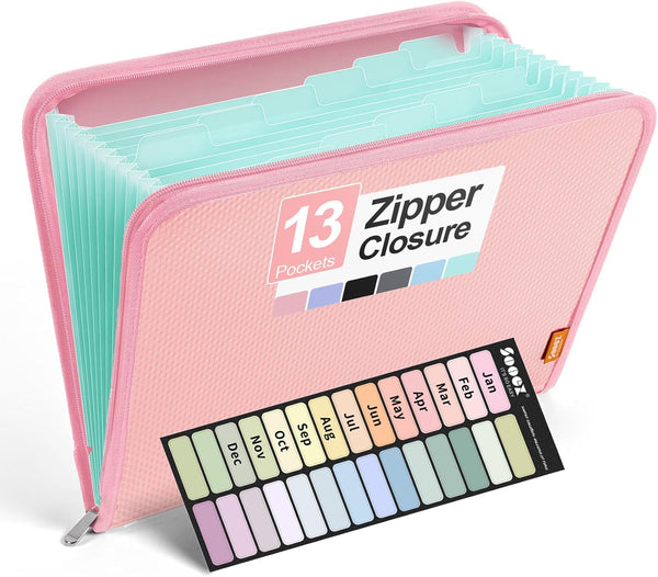 Sooez Accordion File Organizer - Pink - 13 Pocket Expanding File Folder Organizer, Reinforced Plastic, A4 Letter Size