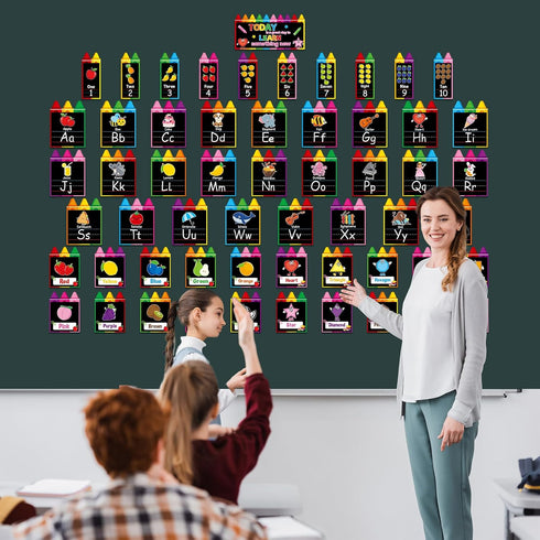 57Pcs Set QOUBAI Alphabet Number Bulletin Board Crayon Letters Number Colors Shapes Poster Back to School Wall