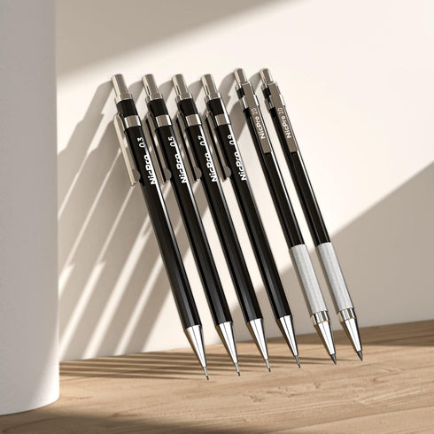 Nicpro 6 PCS Art Mechanical Pencil Set, Black Metal Drafting Pencils 0.3-0.9mm & 2PCS 2mm Graphite Lead Holder