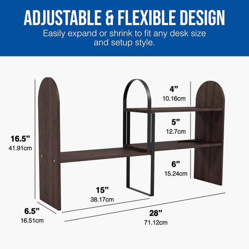 Maplefield Desk Hutch Expandable Shelf Organizer, Walnut Finish, Engineered Wood Desktop Storage Rack for Office, Dorm