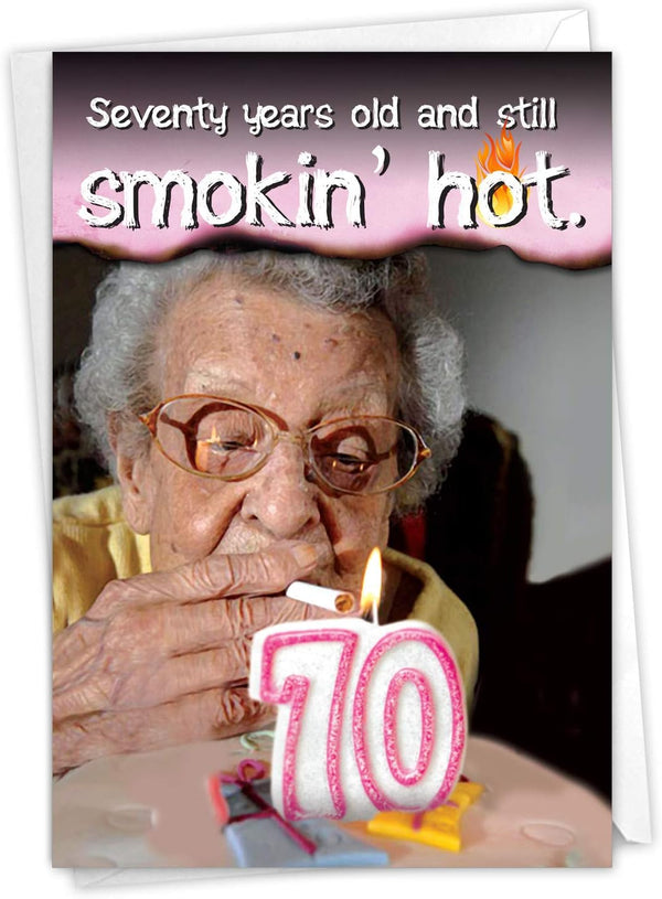 NobleWorks Humorous 70th Milestone Birthday Greeting Card, 5 x 7 Inch Envelope, Years Old and Hot Milestones
