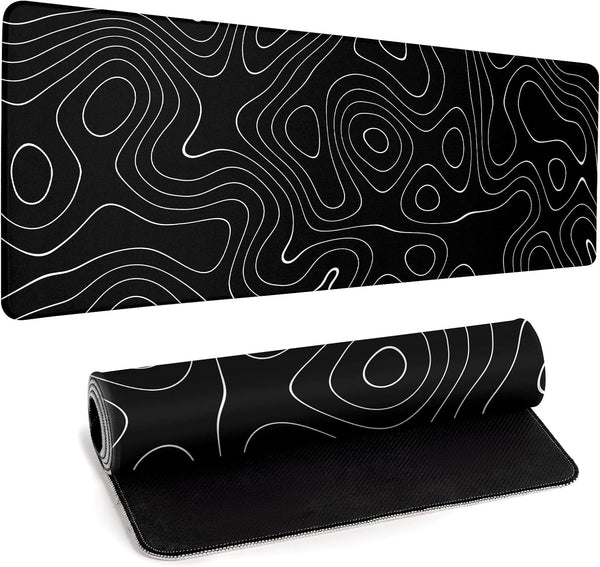 Large Topographic Map Gaming Mouse Pad for Desk, Black Desk Pad with Non-Slip Rubber Base, Desk Decor