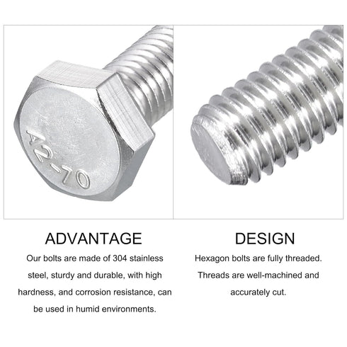 Hex Bolts (M8-1.25x70mm) 10Pcs, 304 Stainless Steel Coarse Fully Threaded Hex Head Screw Bolts for Furniture