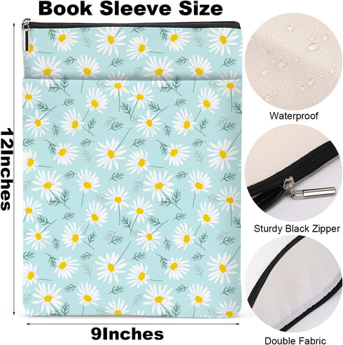 Waterproof Book Sleeve with Zipper and Front Pocket, Daisy Pattern Book Pouch for Women, Girls, Librarians, Book Lovers