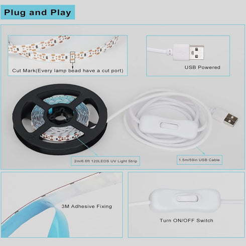 6.6ft 120 1.5m DC5V 10W Black Light LED Strips, Lamp Beads, USB Cable LED Black Light Strip Kit, Flexible Blacklight