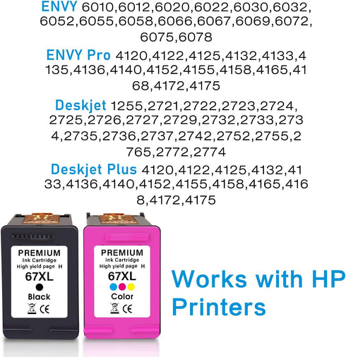 HP 67XL Printer Ink Cartridge High Yield Replacement (1 Black, 1 Color) for DeskJet 1255, 2755, Envy 6052