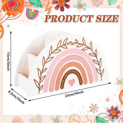 Back to School Rainbow Pencil Pen Holder Boho White Pink Wooden Pen Organizer Desktop Pen Container for Makeup Brushes Crayon Office Student Teacher Gifts Supplies, 9 x 5.1 x 3.2 in