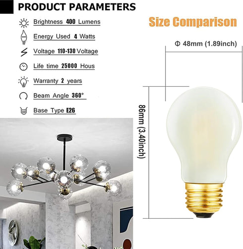 DONDDA E26 Bulb A15 Bulb 4W 40 Bulb Dimmable AC120V 4000K E26 Bulbs 40 400lm 6Pack Frosted Edison Light Equal watt
