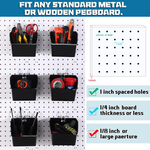 6 Pcs Pegboard Bins with Hooks, Back to School Supplies, Pegboard Organizer Accessories for Classroom Office Garage