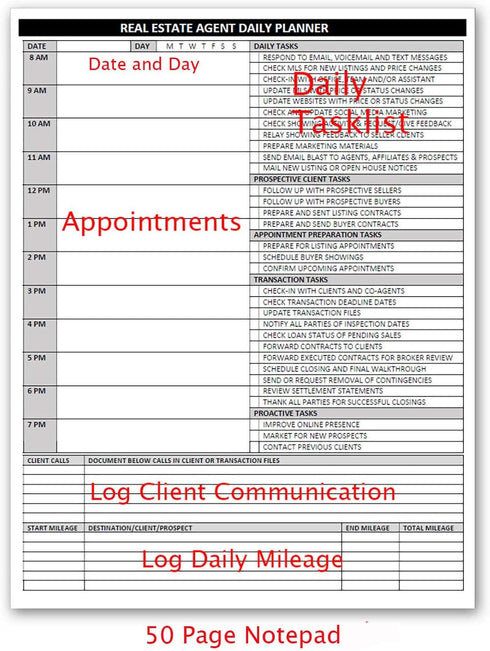 Real Estate Agent Supplies, Daily Planner Task List Notepad, 8.5 X 11, Simple Document with Calendar, Task Lists, Call