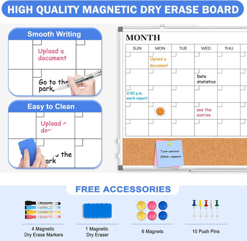 Monthly Calendar Whiteboard Dry Erase Cork Board Combo, 30" x 20" Magnetic Double-Sided Calendar