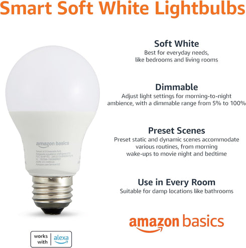 A19 Bulb, Dimmable (2700K), 9W (60W 800LM, 2.4 4-Pack Amazon Basics Smart LED Light Soft White Equivalent), Energy