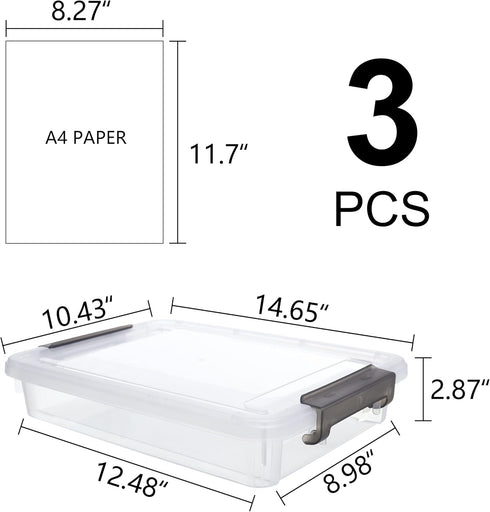 Citylife 3 PCS Clear Plastic Storage Bins with Latching Lids, Stackable Containers for Organizing A4 Paper, Photo,