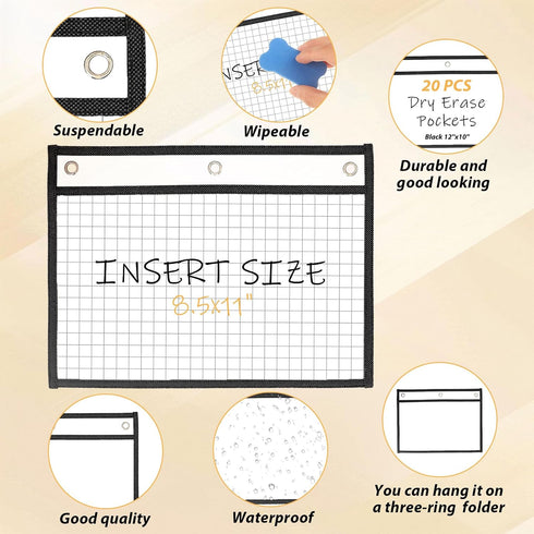 LOPYXBR 20 8.5x11 Inch 3-Rings 8.5x11 PCS Horizontal Job Ticket Holders Dry Erase Pockets Reusable Sleeves Black Work