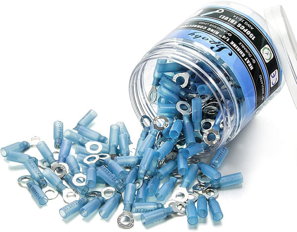 150PCS Heat Shrink Ring Connectors, 1/4" Blue 16-14 AWG, Sopoby Electrical Crimp Connector Kit