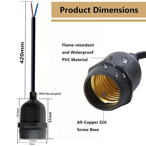 E26 Commercial (45cm Base Hanging Sockets,TWDRTDD Dropped Black Rubber Weatherproof Cord Light Sockets